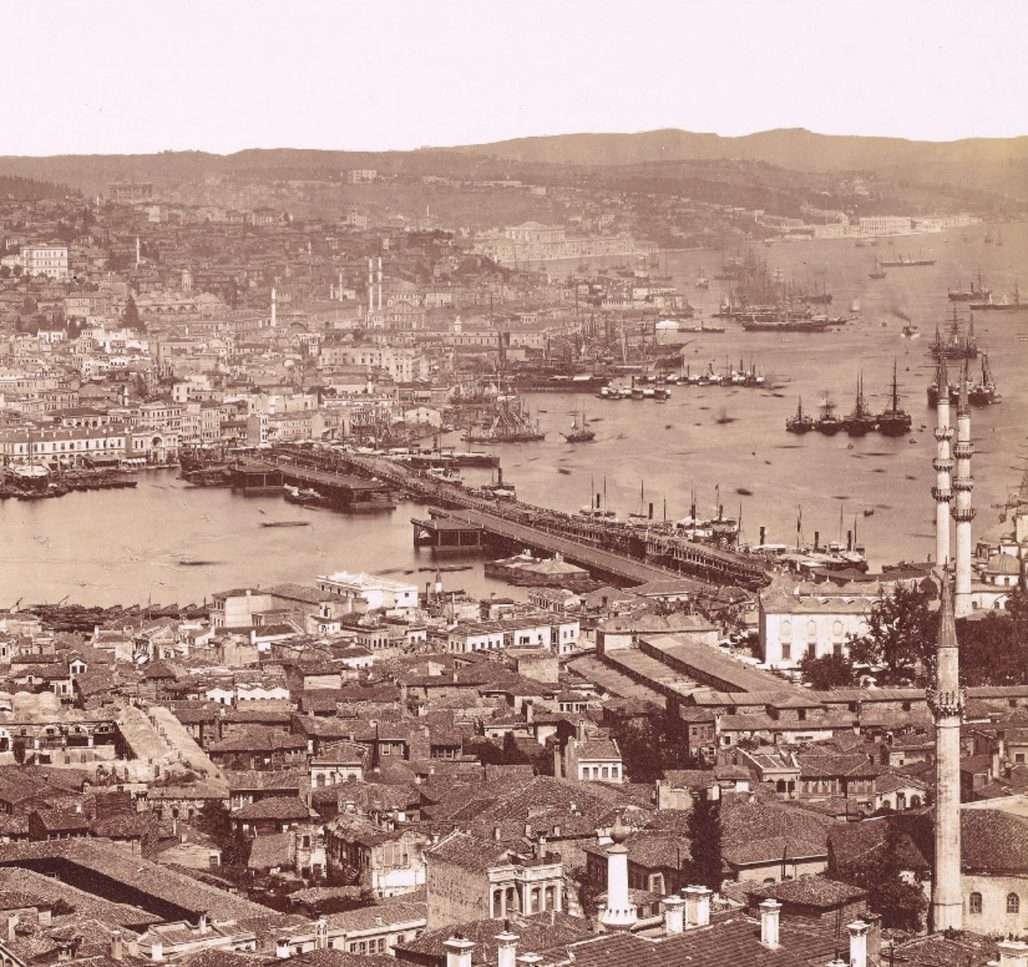 Panoramic view of Istanbul and the Golden Horn taken from the top of Seraskier (or Beyazit) Tower by the Swedish photographer Guillaume Berggren c 1870.
