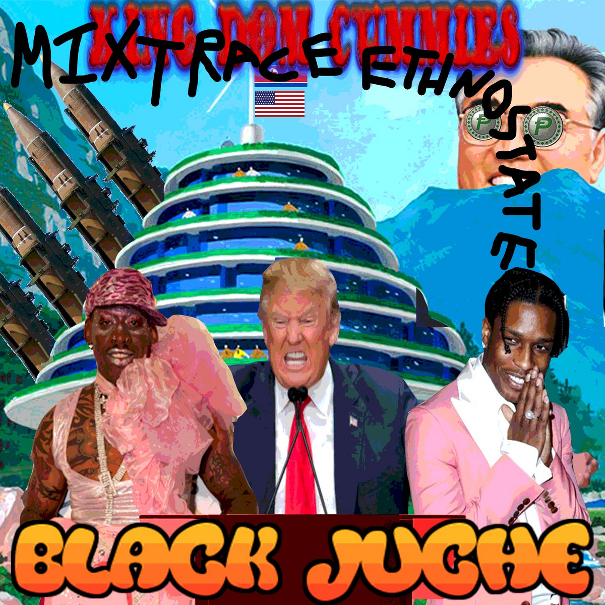 Album art depicting Donald Trump, A$AP Rocky, and Dennis Rodman in a DPRK landscape, with Kim Il-sung looking over a mountain.